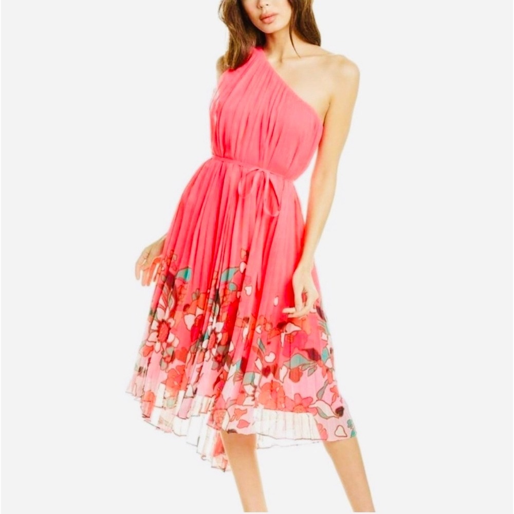 Ted Baker London Pink One Shoulder Pleated Floral Midi Dress Metallic Size 2 NEW